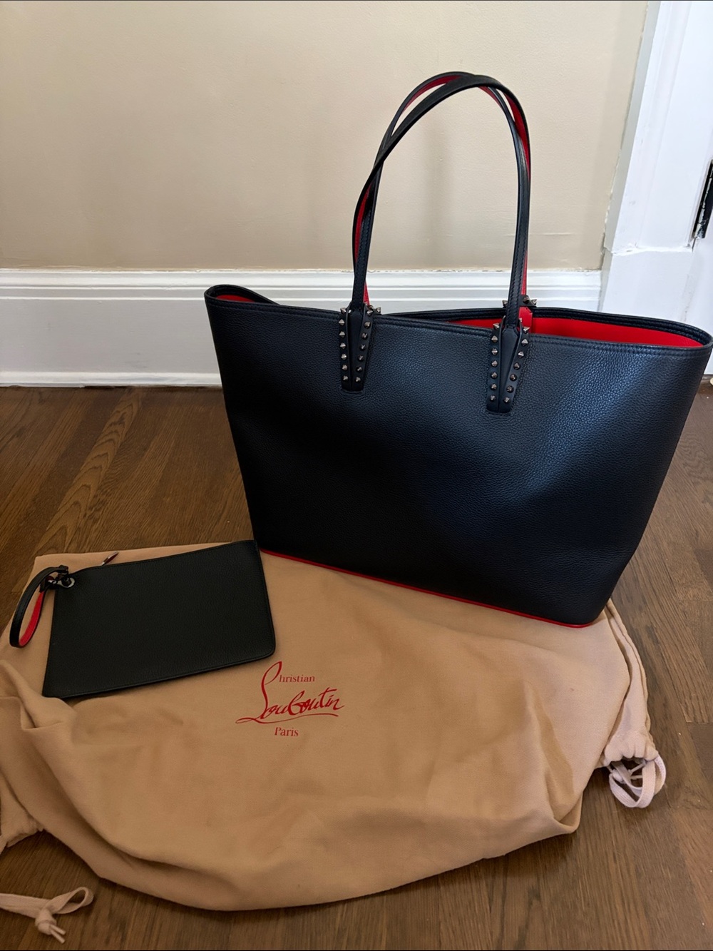 Christian Louboutin Black Leather Tote with Red Interior